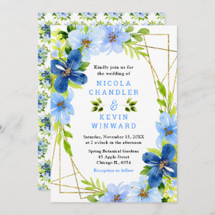 Blue and Navy Flowers with Foliage Wedding Invitation