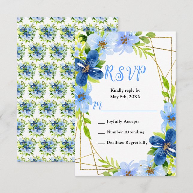 Blue and Navy Flowers with Foliage Wedding RSVP Card (Front/Back)