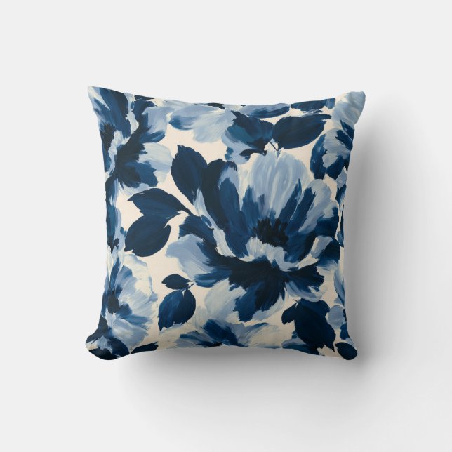 Blue and Navy painterly flower pattern Throw Pillow (Front)