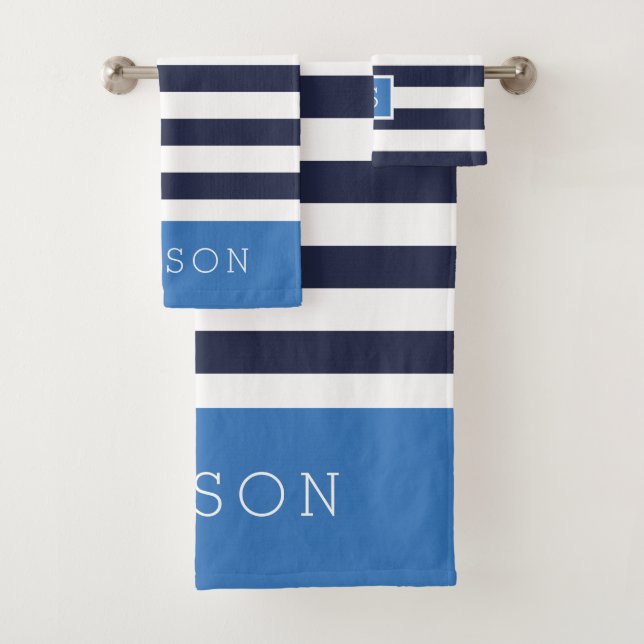 Blue and Navy Stripes Monogram Bath Towel Set (Insitu)