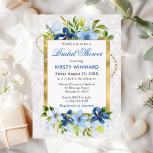 Blue and Navy Summer Flowers Gold Bridal Shower Invitation
