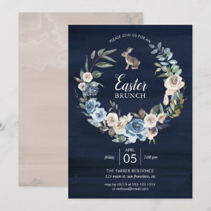 Blue and Neutral Floral Wreath Bunny Easter Invitation