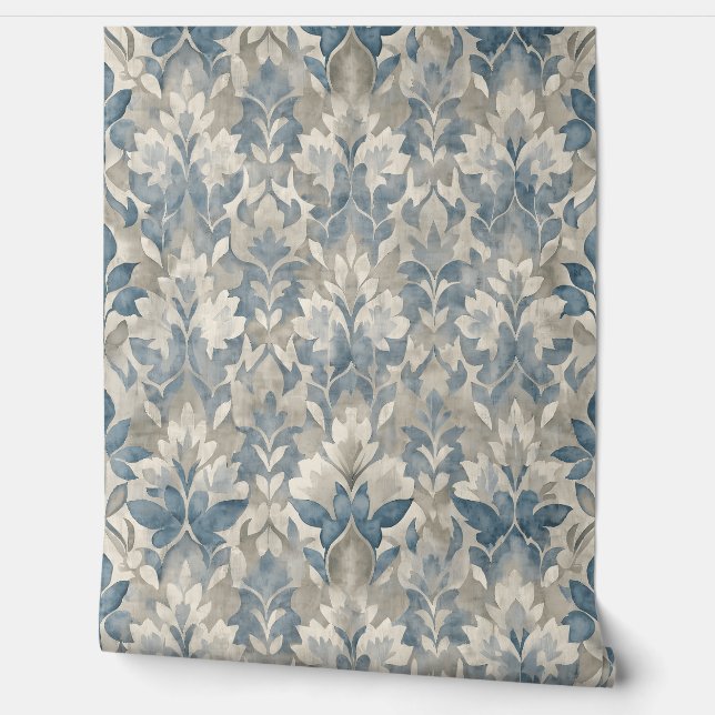 Blue and Neutral Nature Leaf Pattern  Wallpaper (Unrolling)