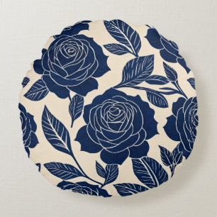 Blue and off-white Stylized Roses Round Pillow