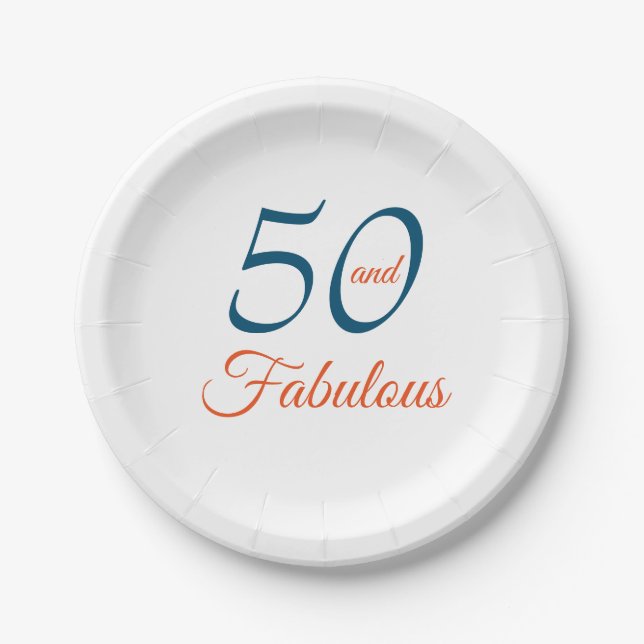 Blue and Orange 50th Birthday Party Paper Plate (Front)