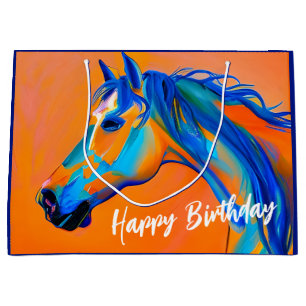 Blue and Orange Abstract Horse Happy Birthday Large Gift Bag