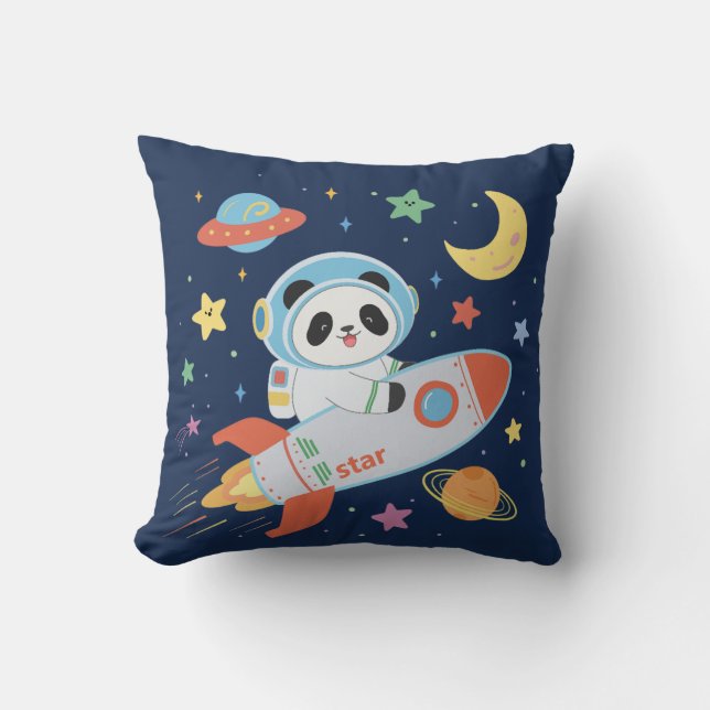 blue-and-orange Astronaut Panda  Throw Pillow (Front)