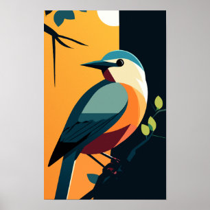 Blue and Orange Bird on a Branch Poster