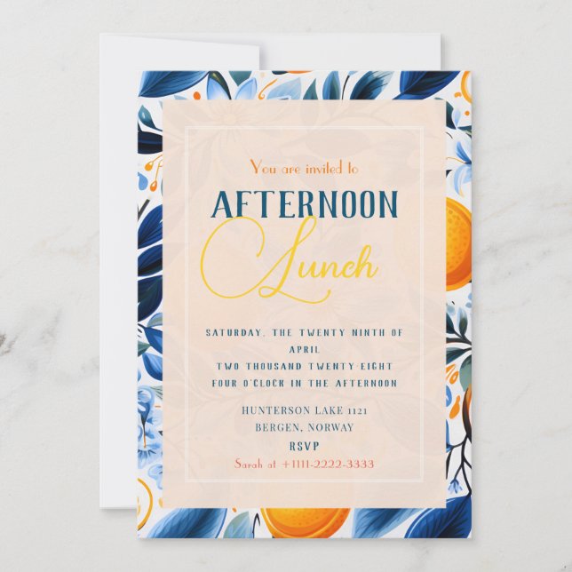 Blue and Orange Botanical Citrus Themed Invitation (Front)