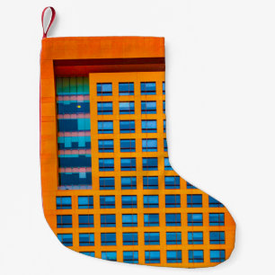 Blue and orange building small christmas stocking