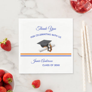 Blue and Orange Cap & Tassel Graduation Party Napkin