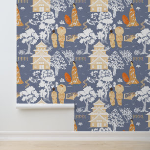 Blue and Orange Chinoiserie Wallpaper