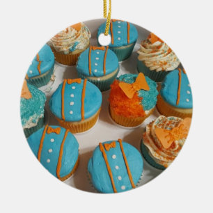 Blue and Orange Cupcakes Christmas Ceramic Ornament
