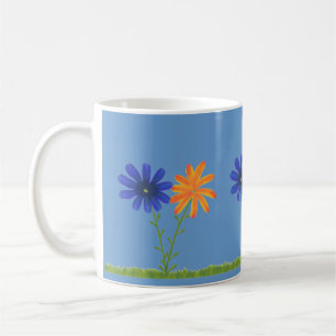 Blue and Orange Daisy Flowers with Grass, Mugs