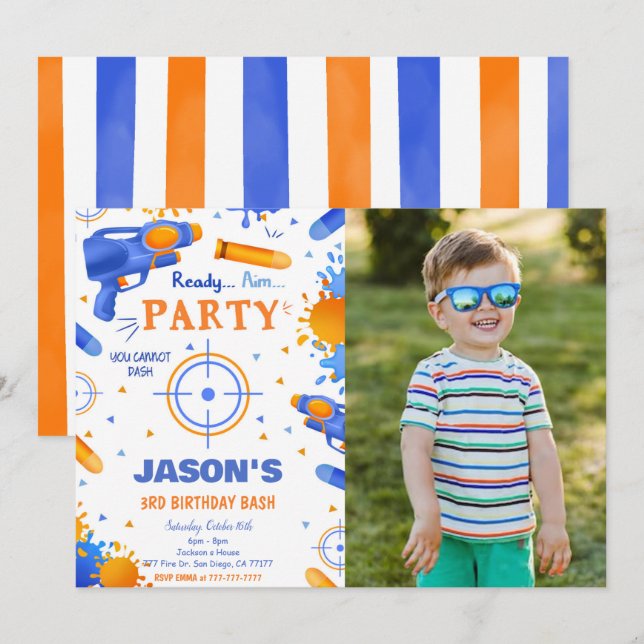 Blue and Orange Dart Gun Birthday Photo Invitation (Front/Back)