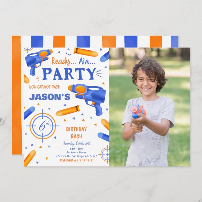 Blue and Orange Dart Gun Photo Invitation (Front/Back)