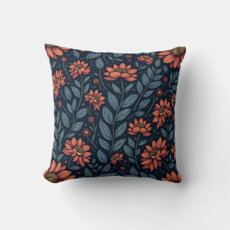 “Blue and Orange Floral Pattern Pillow” Throw Pillow