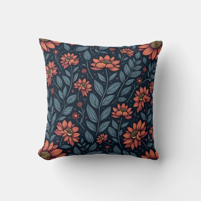 “Blue and Orange Floral Pattern Pillow” Throw Pillow (Front)