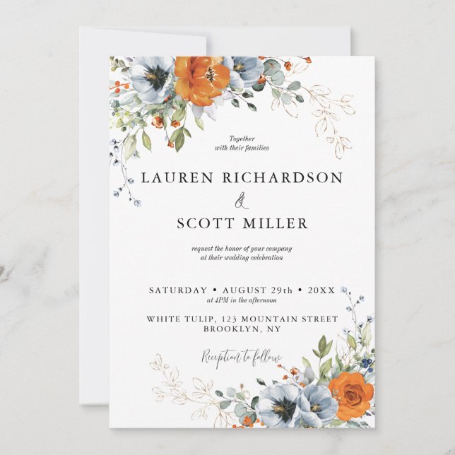 Blue and Orange Floral Wedding Invitation (Front)