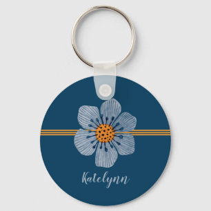 Blue and Orange Flower Personalized Keychain