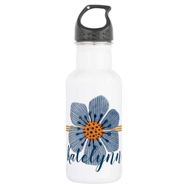 Blue and Orange Flower Personalized Water Bottle (Front)