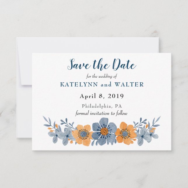 Blue and Orange Flower Save the Date Cards (Front)