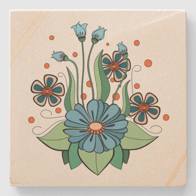 Blue and Orange Flower Stone Coaster (Front)