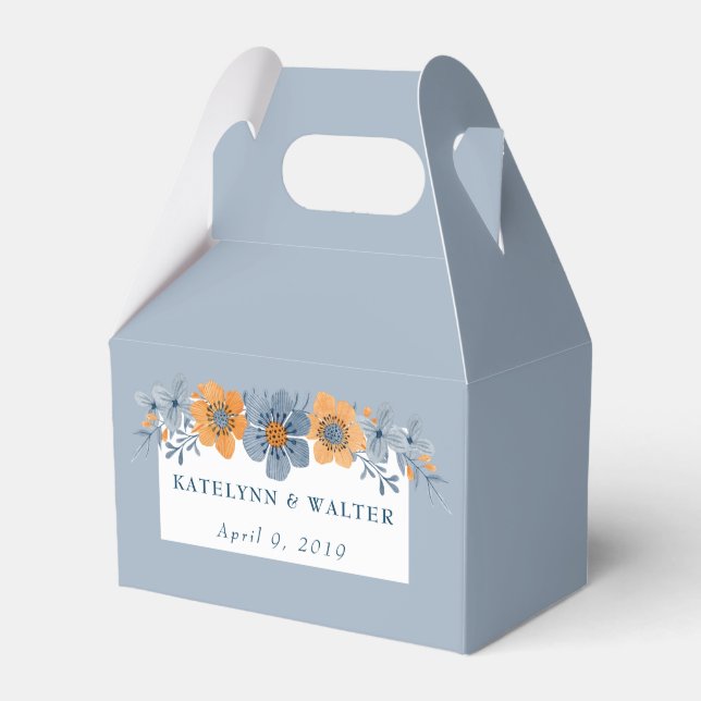 Blue and Orange Flowers Light Blue Wedding Favour Favor Box (Front Side)