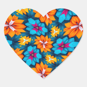Blue and Orange Flowers Pattern Heart Sticker
