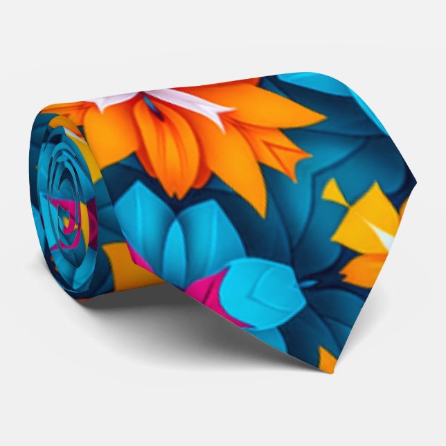 Blue and Orange Flowers Pattern Neck Tie (Rolled)