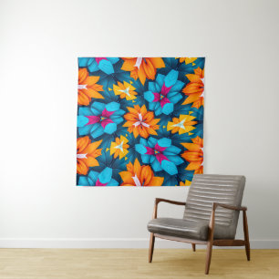 Blue and Orange Flowers Pattern Tapestry