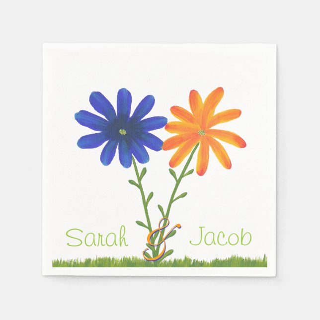 Blue and Orange Flowers Personalized Napkins (Front)