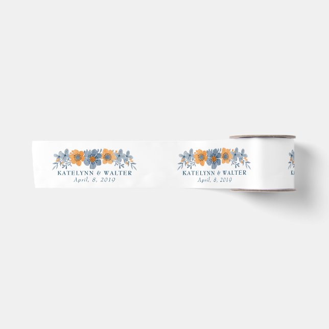 Blue and Orange Flowers Wedding Custom Ribbon Satin Ribbon (Front)
