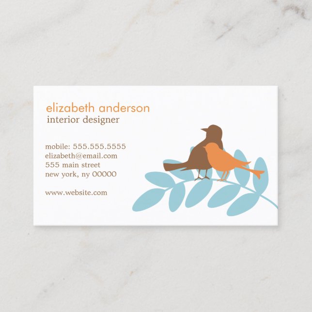 Blue and Orange Garden Bird Silhouettes Business Card (Front)