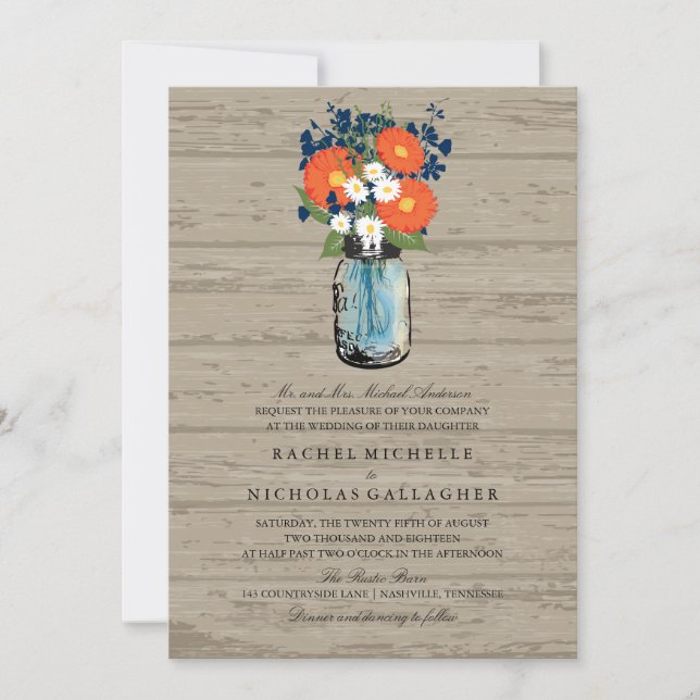 Blue and Orange Garden Mason Jar Wood | Wedding Invitation (Front)