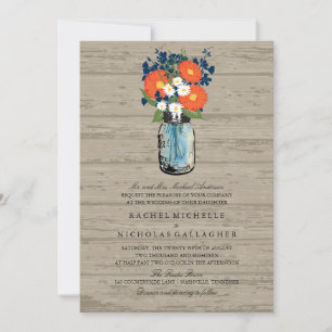 Blue and Orange Garden Mason Jar Wood   Wedding Invitation