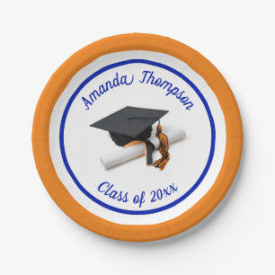 Blue and Orange Graduation Cap and Tassel   Custom Paper Plate