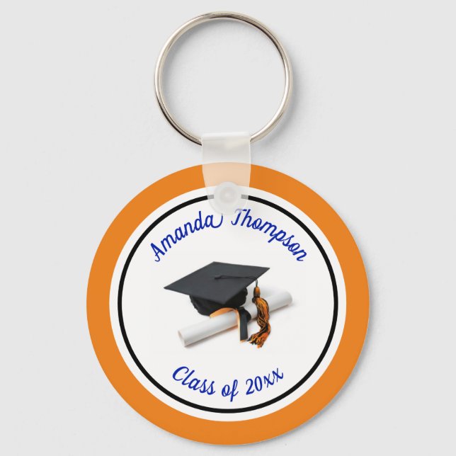 Blue and Orange Graduation Cap and Tassel Keychain (Front)