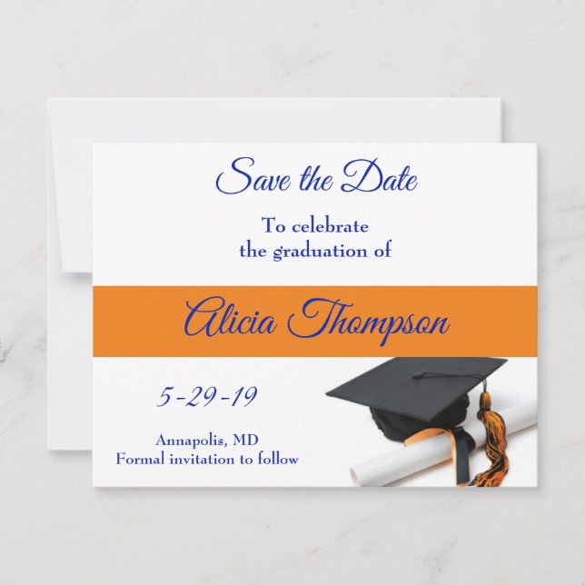 Blue and Orange Graduation Cap and Tassel Save The Date (Front)