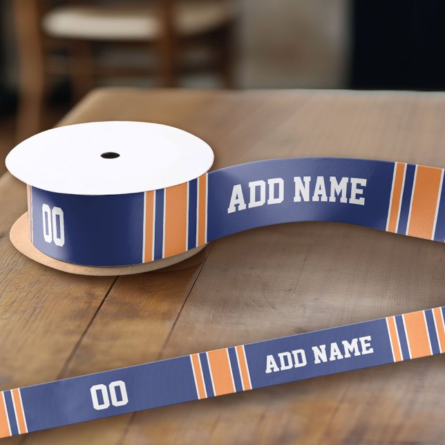 Blue and Orange Jersey Stripes Custom Name Number Satin Ribbon (Custom Ribbon - add your personalized text)