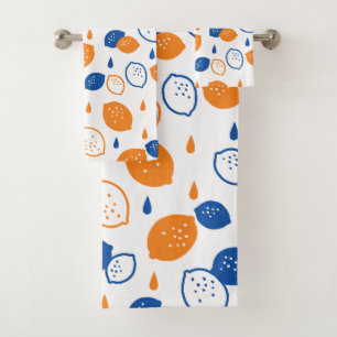 Blue and Orange Lemon Pattern Playful Fruit-Themed Bath Towel Set