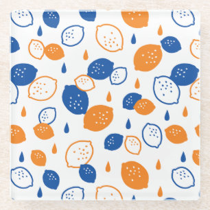 Blue and Orange Lemon Pattern Playful Fruit-Themed Glass Coaster