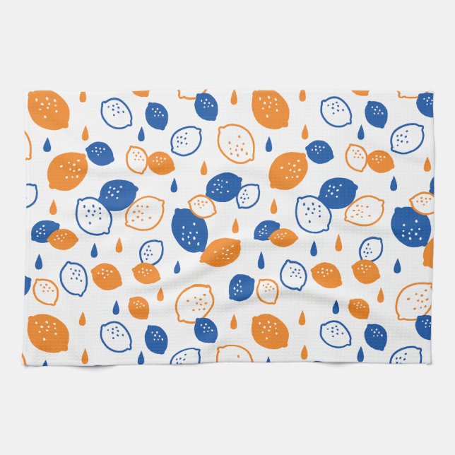 Blue and Orange Lemon Pattern Playful Fruit-Themed Kitchen Towel (Horizontal)
