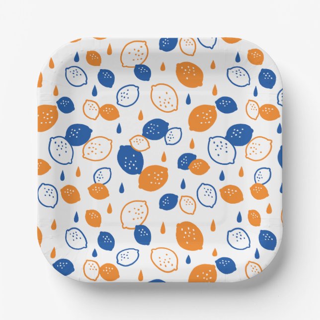 Blue and Orange Lemon Pattern Playful Fruit-Themed Paper Plate (Front)