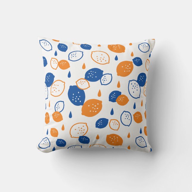 Blue and Orange Lemon Pattern Playful Fruit-Themed Throw Pillow (Front)