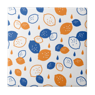 Blue and Orange Lemon Pattern Playful Fruit-Themed Tile