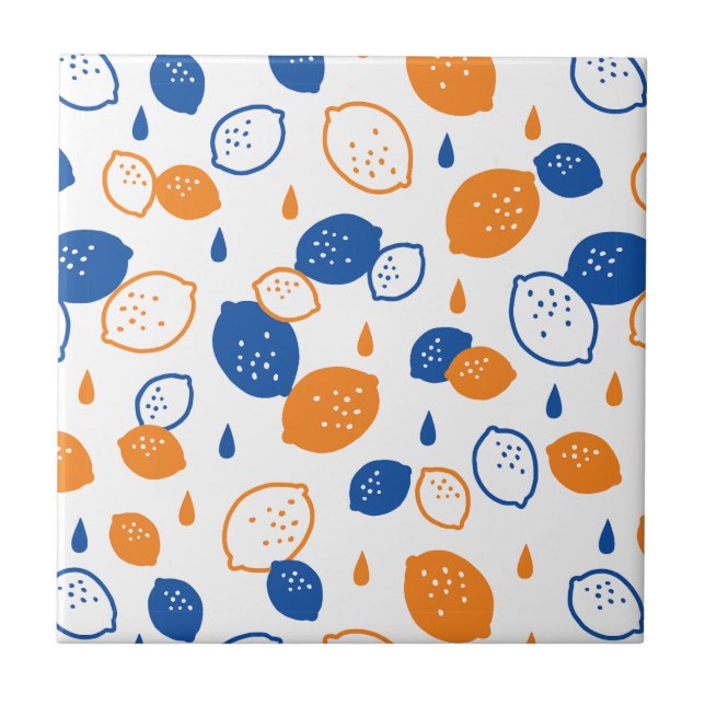 Blue and Orange Lemon Pattern Playful Fruit-Themed Tile (Front)