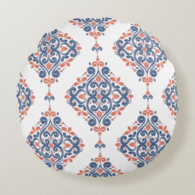 Blue and orange ornamental seamless pattern. Vinta Round Pillow (Front)