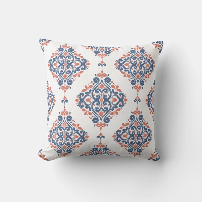 Blue and orange ornamental seamless pattern. Vinta Throw Pillow (Front)