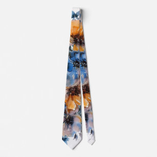 Blue and Orange Paint Floral Wedding Groom Tie